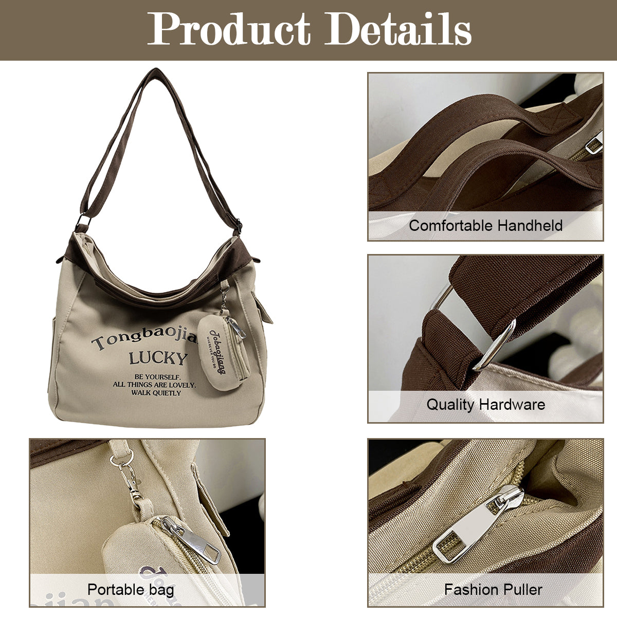 PALAY® Canvas Bag for Women Khaki Canvas Tote Bag with Coin Bag Chic Cute Letter Print Zipping Shoulder Bag Crossbody Bag Casual Hand Bag Multi Use School Book Bag Travel Carry All Bag, 30x17x30cm PALAY® Canvas Bag for Women Khaki Canvas Tote Bag with Coin Bag Chic Cute Letter Print Zipping Shoulder Bag Crossbody Bag Casual Hand Bag Multi Use School Book Bag Travel Carry All Bag, 30x17x30cm